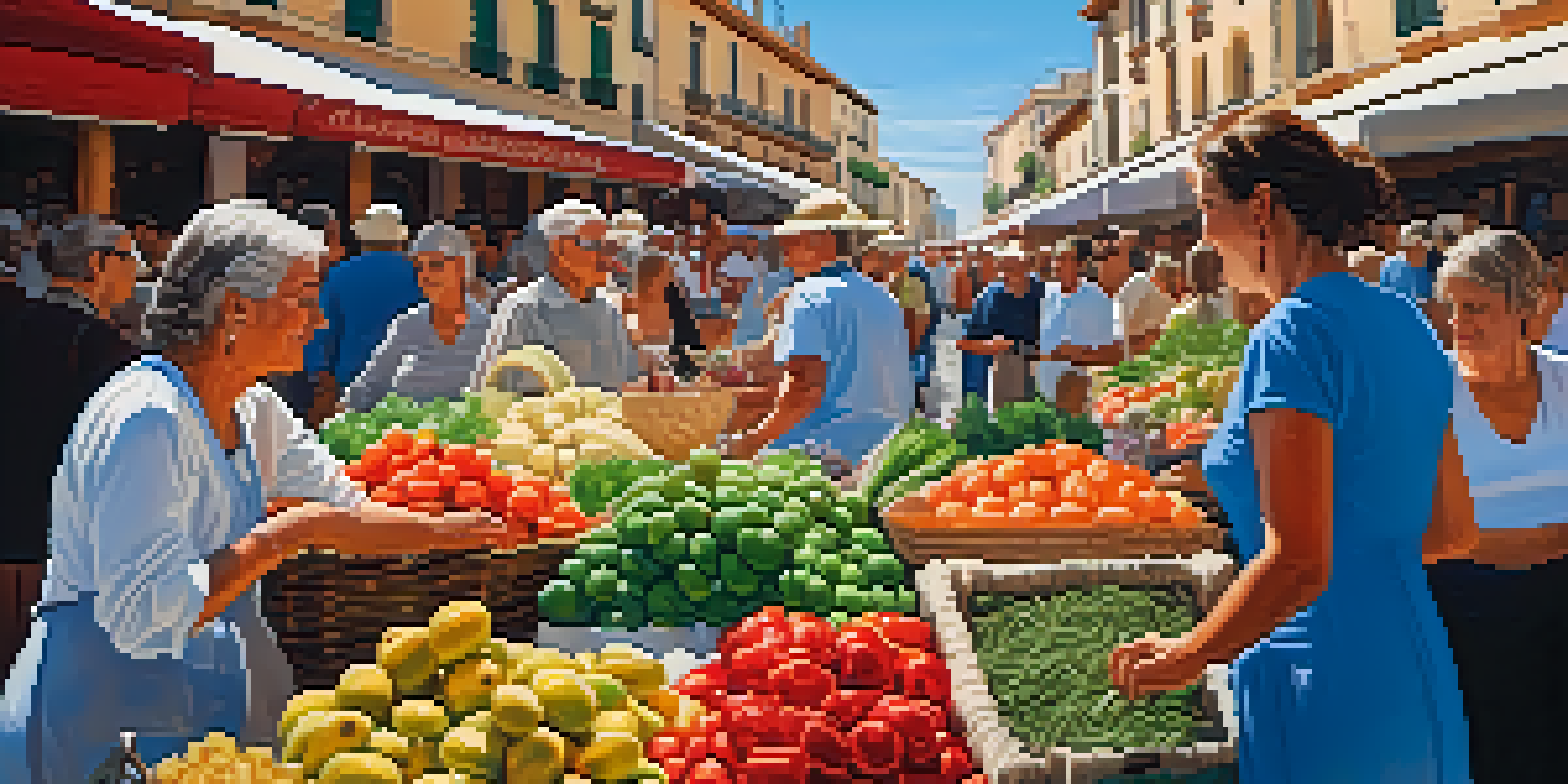 A colorful local market in Spain with fresh produce and friendly vendors interacting with customers.