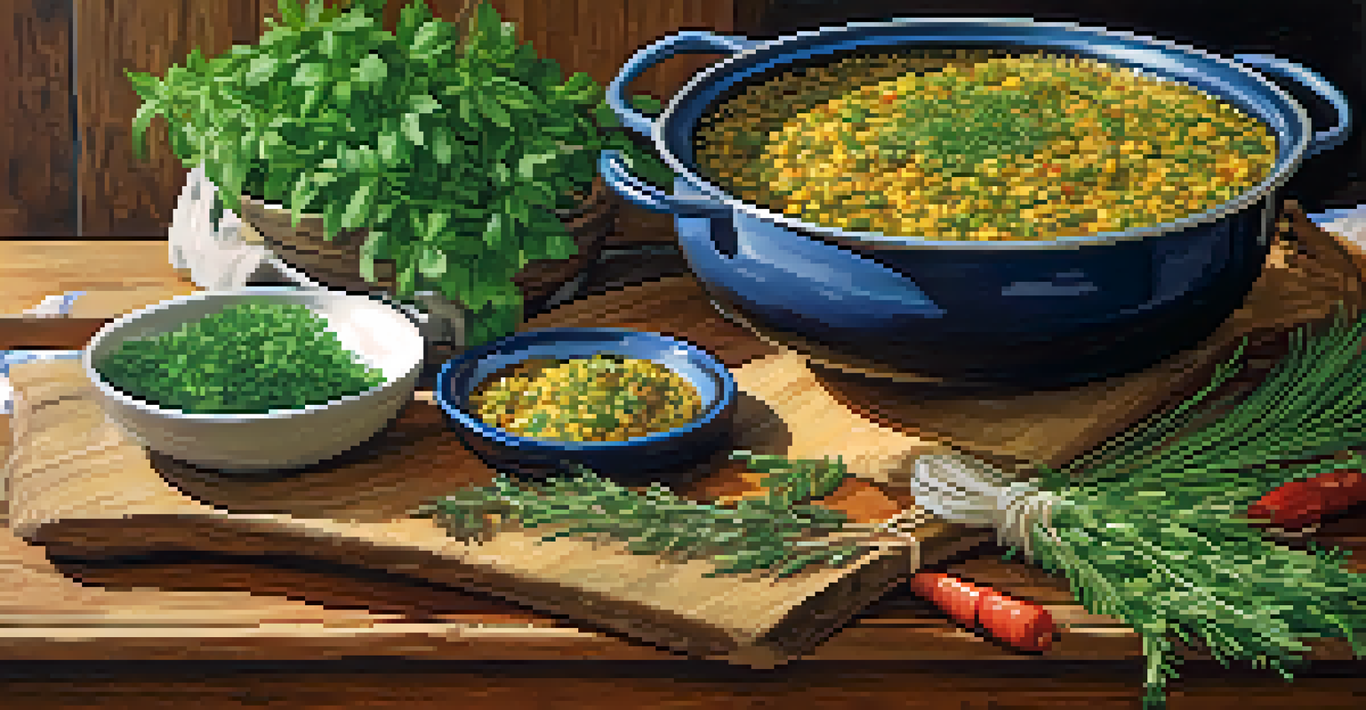 A close-up view of fresh Spanish herbs on a wooden table with a bowl of paella and cooking utensils, illuminated by soft natural light.