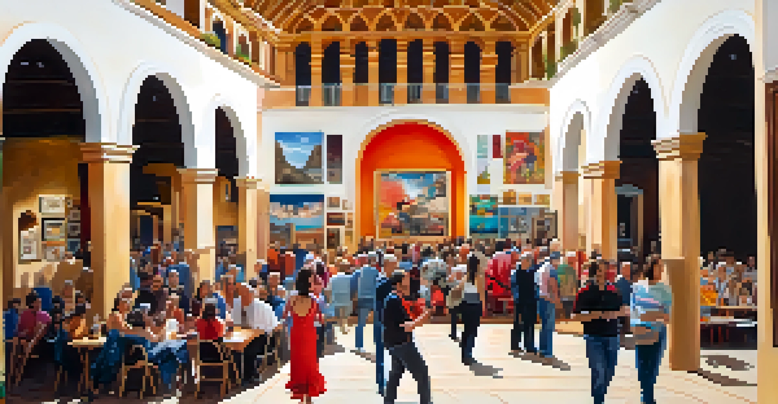 A lively cultural center scene with local artists and a flamenco performance, showcasing vibrant artworks and audience engagement.