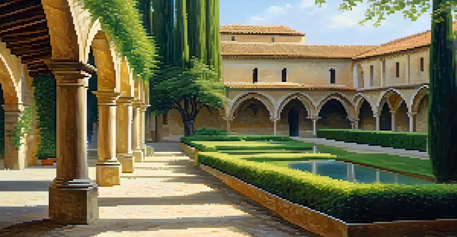The tranquil cloisters of the Monastery of San Juan de Duero, surrounded by gardens and a river.