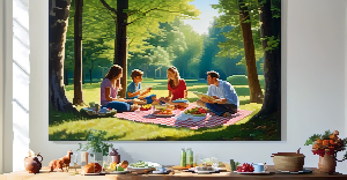 A family having a picnic in a beautiful national park with trees and a picnic spread.