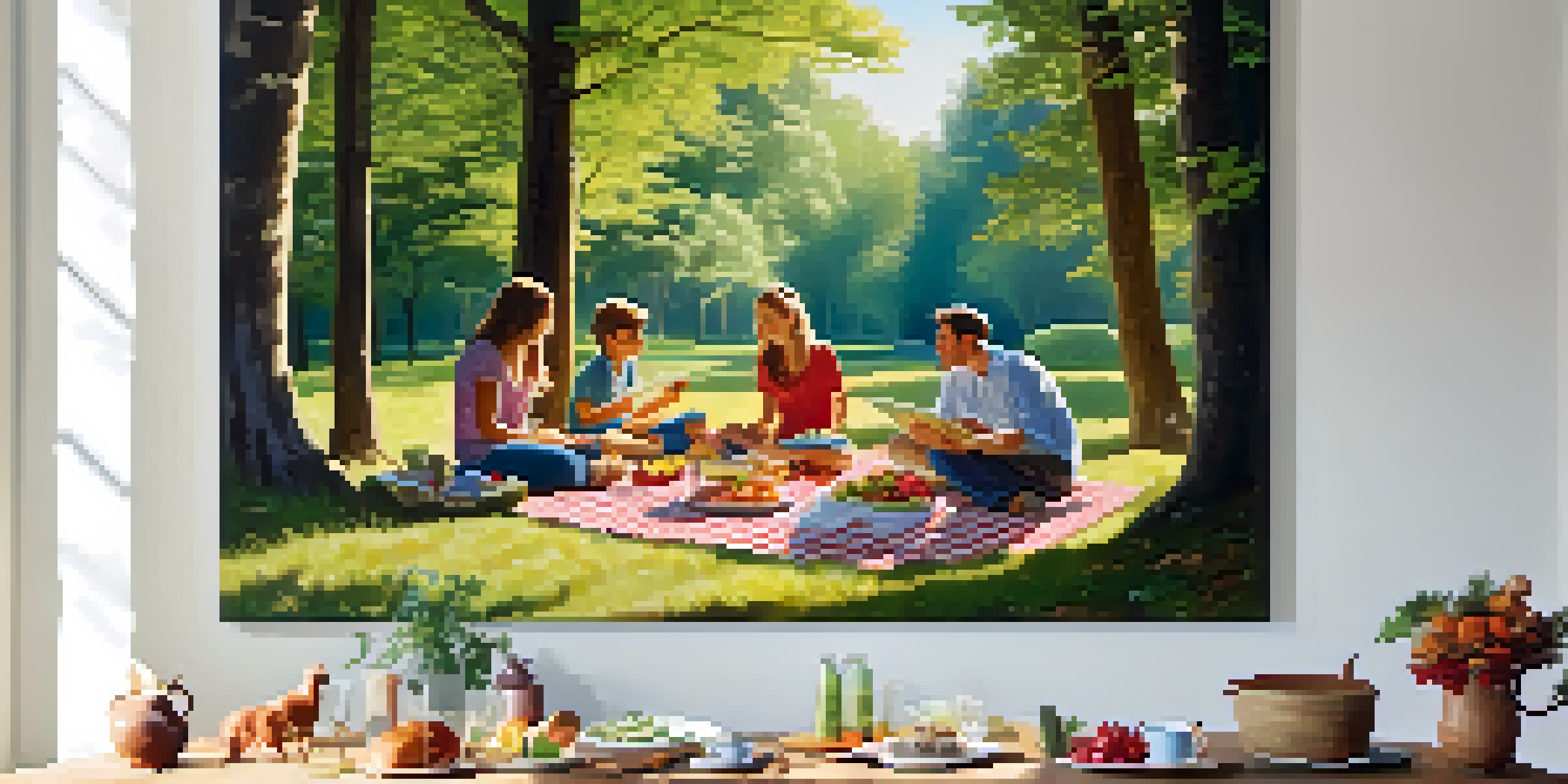 A family having a picnic in a beautiful national park with trees and a picnic spread.