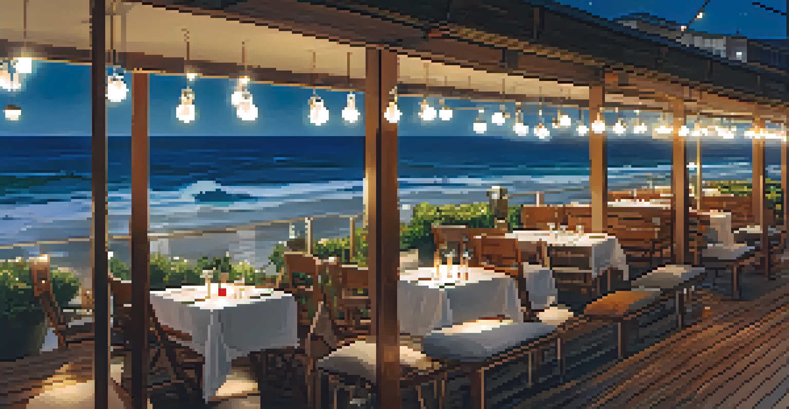 A cozy beach club in San Sebastián with guests enjoying pintxos and drinks, illuminated by string lights with ocean views.