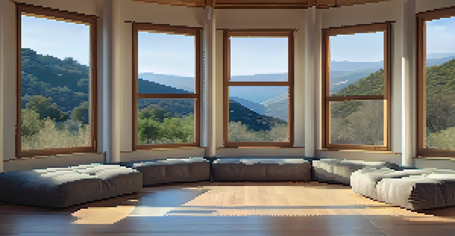 A tranquil meditation room with cushions and mountain views in a Catalonia retreat center.