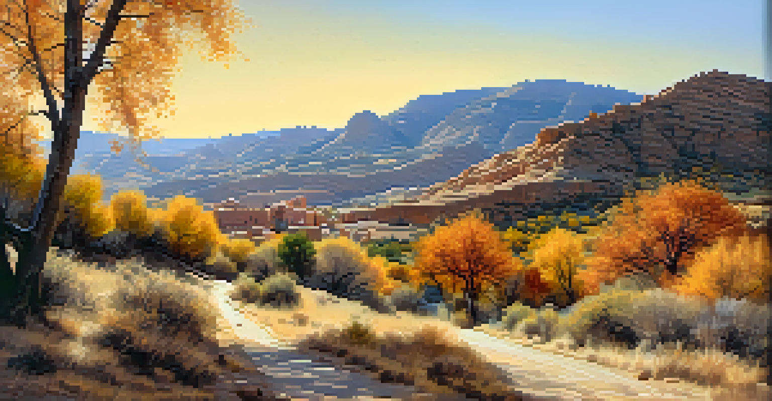 An autumn landscape surrounding Albarracín, showcasing colorful trees, rugged hills, and a pathway inviting exploration.