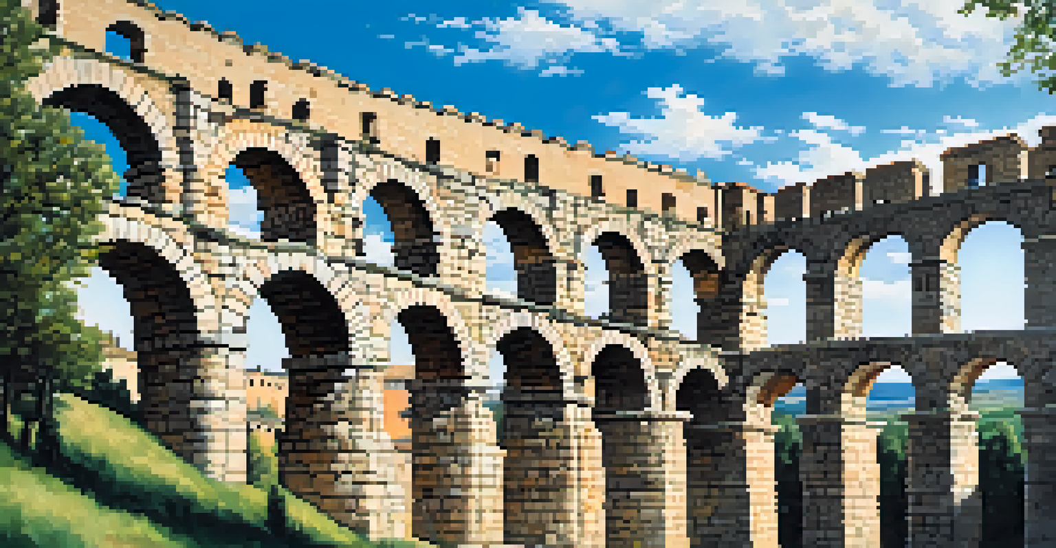 The impressive Roman aqueduct in Segovia, Spain, showcasing its stone arches under a bright blue sky.