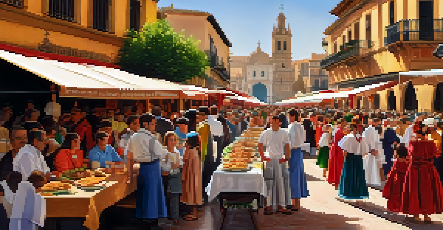A lively street scene during Semana Santa with families dining and musicians performing.