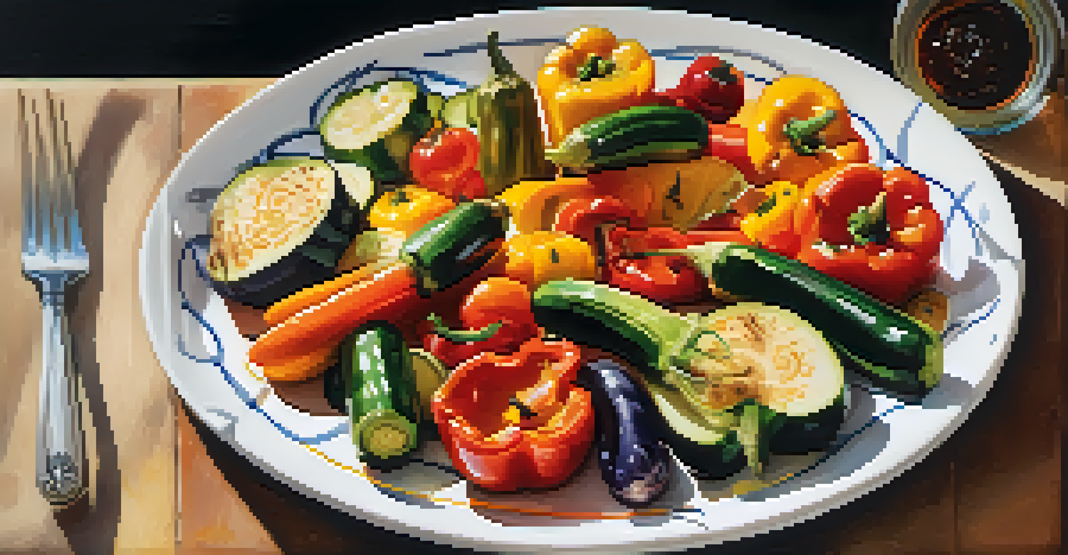 A colorful plate of grilled vegetables drizzled with olive oil, accompanied by bread and balsamic vinegar.