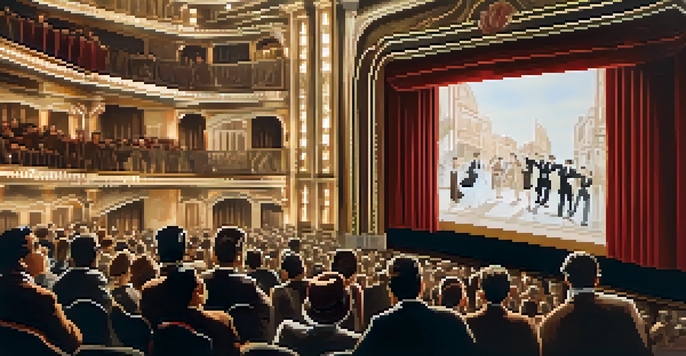 A vintage cinema scene from the 1920s with a captivated audience watching a silent film, featuring ornate decorations and period clothing.