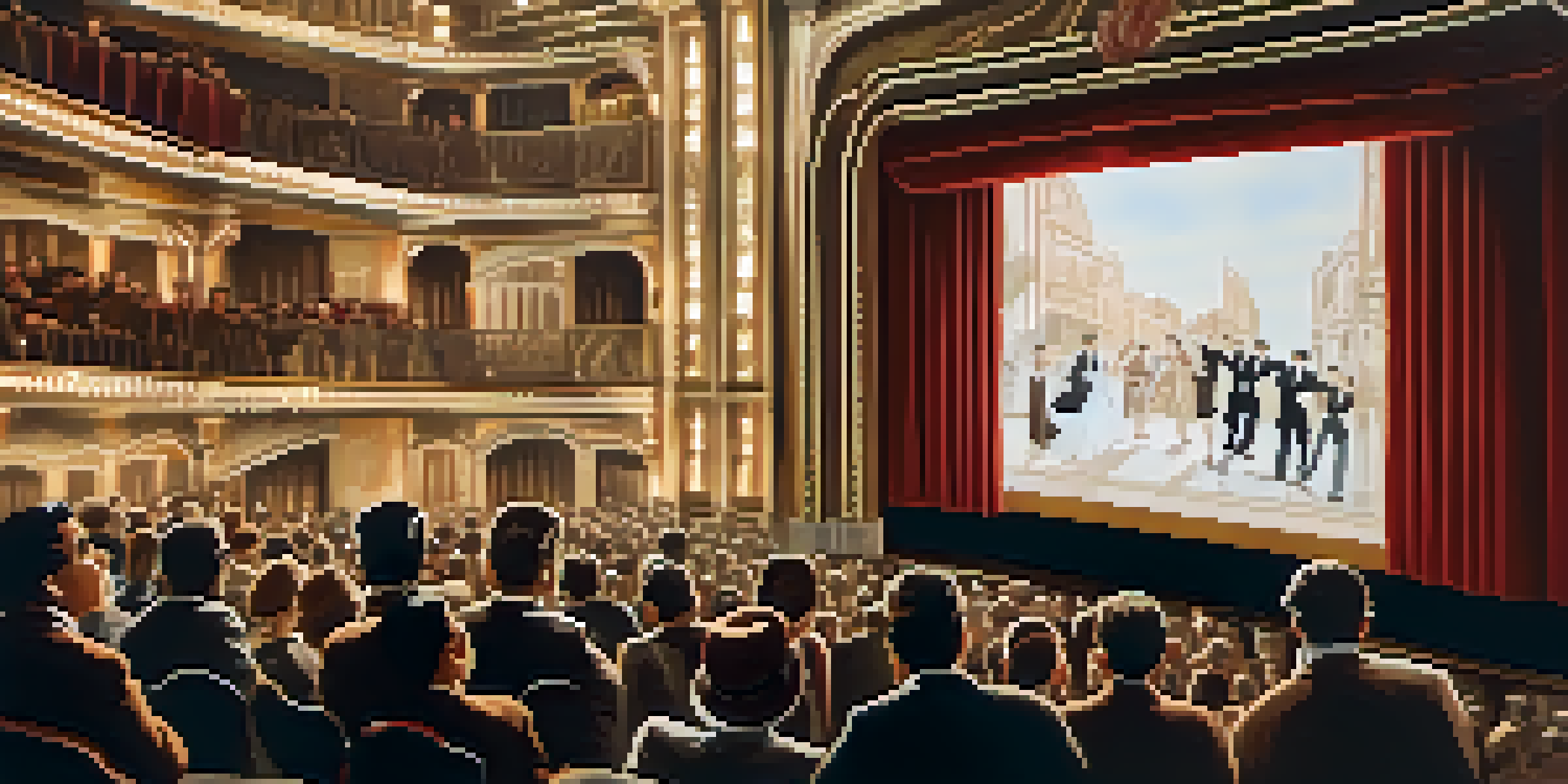 A vintage cinema scene from the 1920s with a captivated audience watching a silent film, featuring ornate decorations and period clothing.