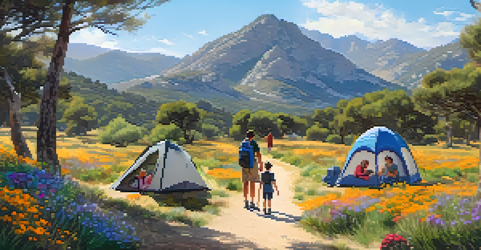 A family hiking in Sierra de Grazalema with mountains and wildflowers, enjoying a picnic with reusable food items.