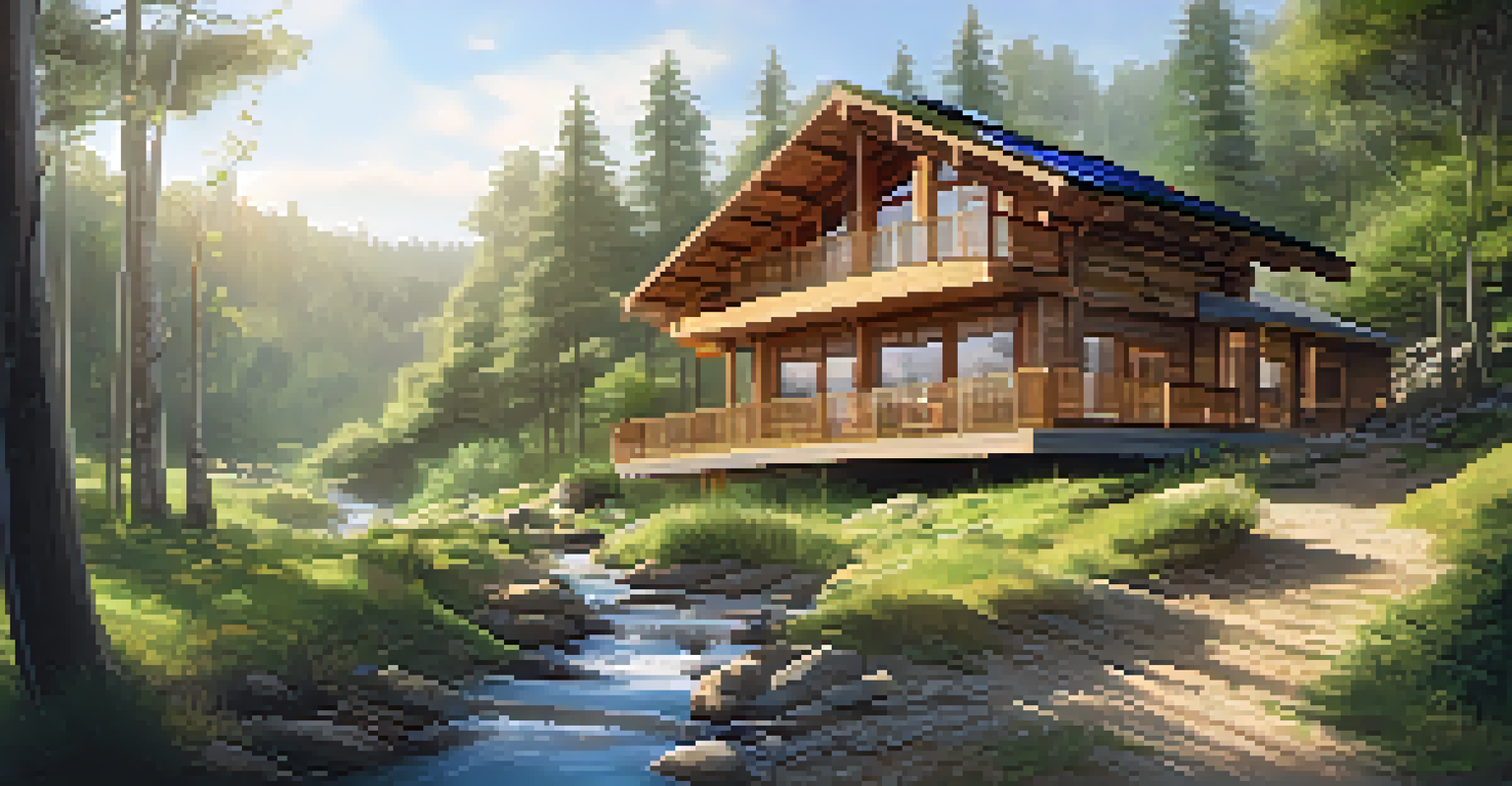 A serene eco-lodge surrounded by greenery, featuring wooden structures and solar panels, with soft morning light and a flowing stream.