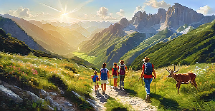 A family enjoying a hike in the mountains, with children pointing at wildlife and a picnic basket in hand.