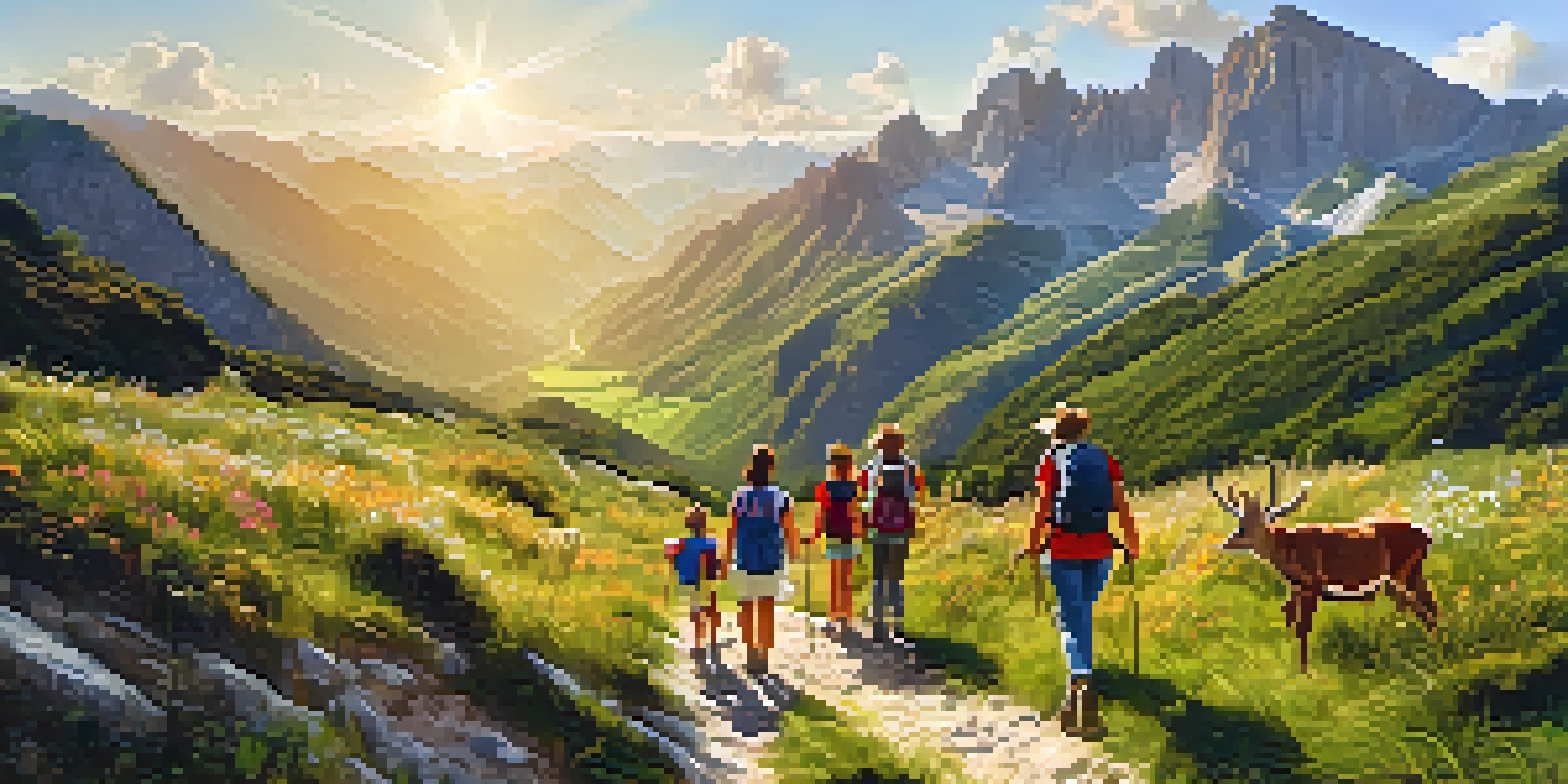 A family enjoying a hike in the mountains, with children pointing at wildlife and a picnic basket in hand.