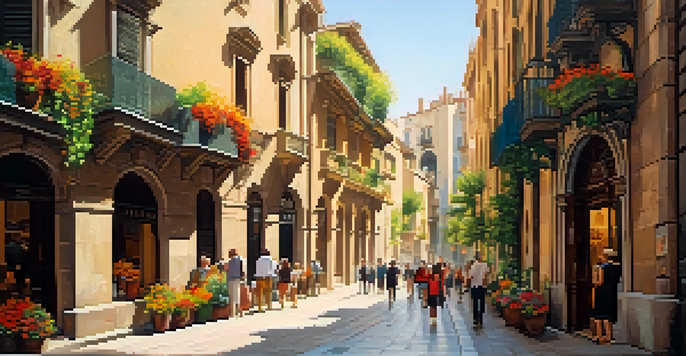 A lively street in the Gothic Quarter of Barcelona, with cobblestone paths, historic buildings, and people enjoying the atmosphere.