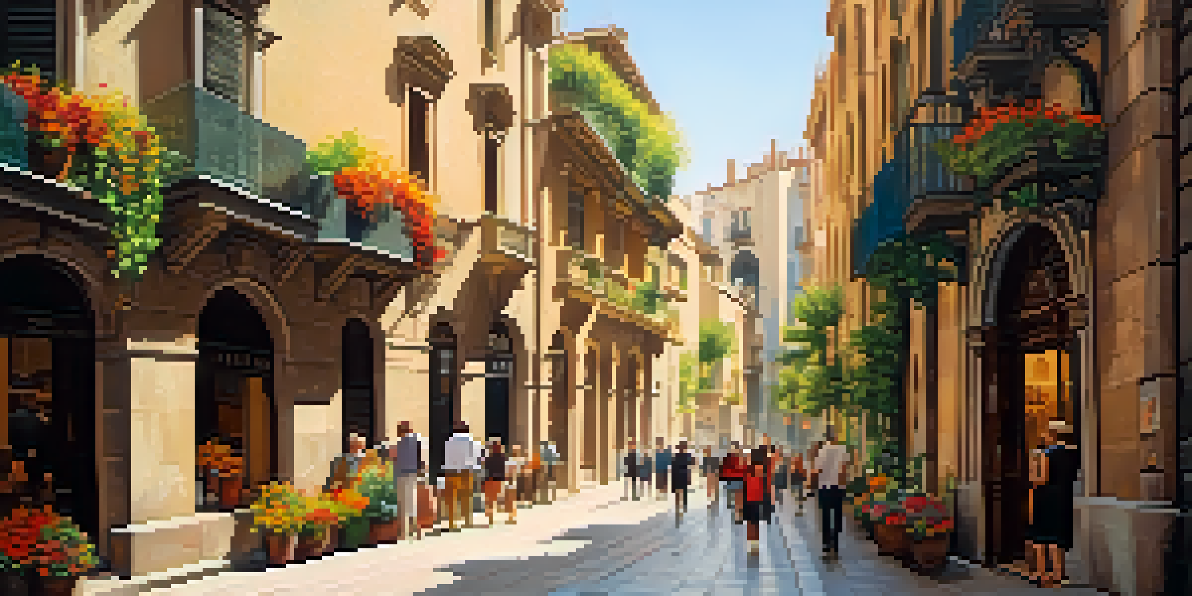 A lively street in the Gothic Quarter of Barcelona, with cobblestone paths, historic buildings, and people enjoying the atmosphere.