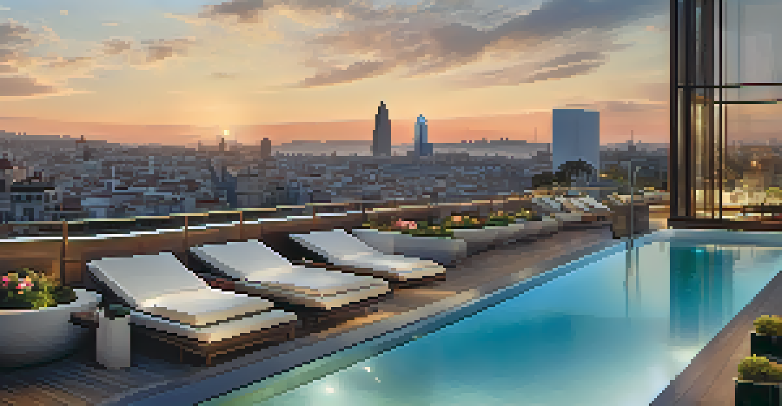 A rooftop pool overlooking the cityscape of Barcelona, with modern hotel design and sunset lighting.