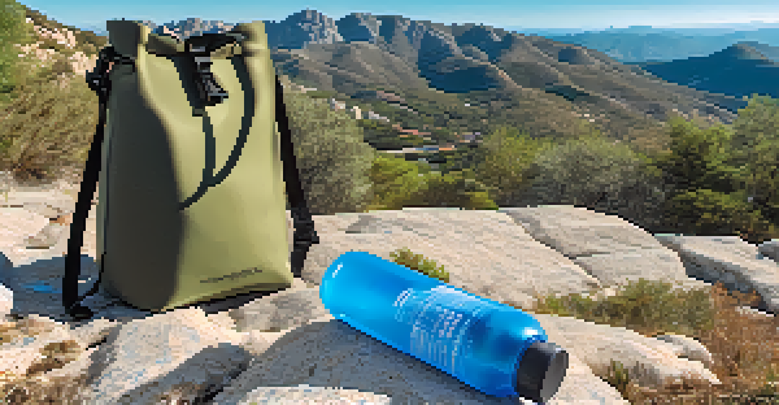 A reusable water bottle and eco-friendly bags on a rocky surface with a scenic view of Spain's landscape in the background.