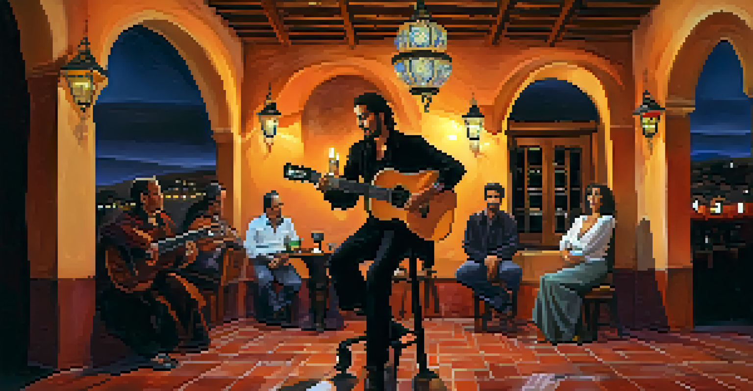 A cozy tablao with a guitarist and singer performing flamenco, surrounded by traditional decor and candlelight.