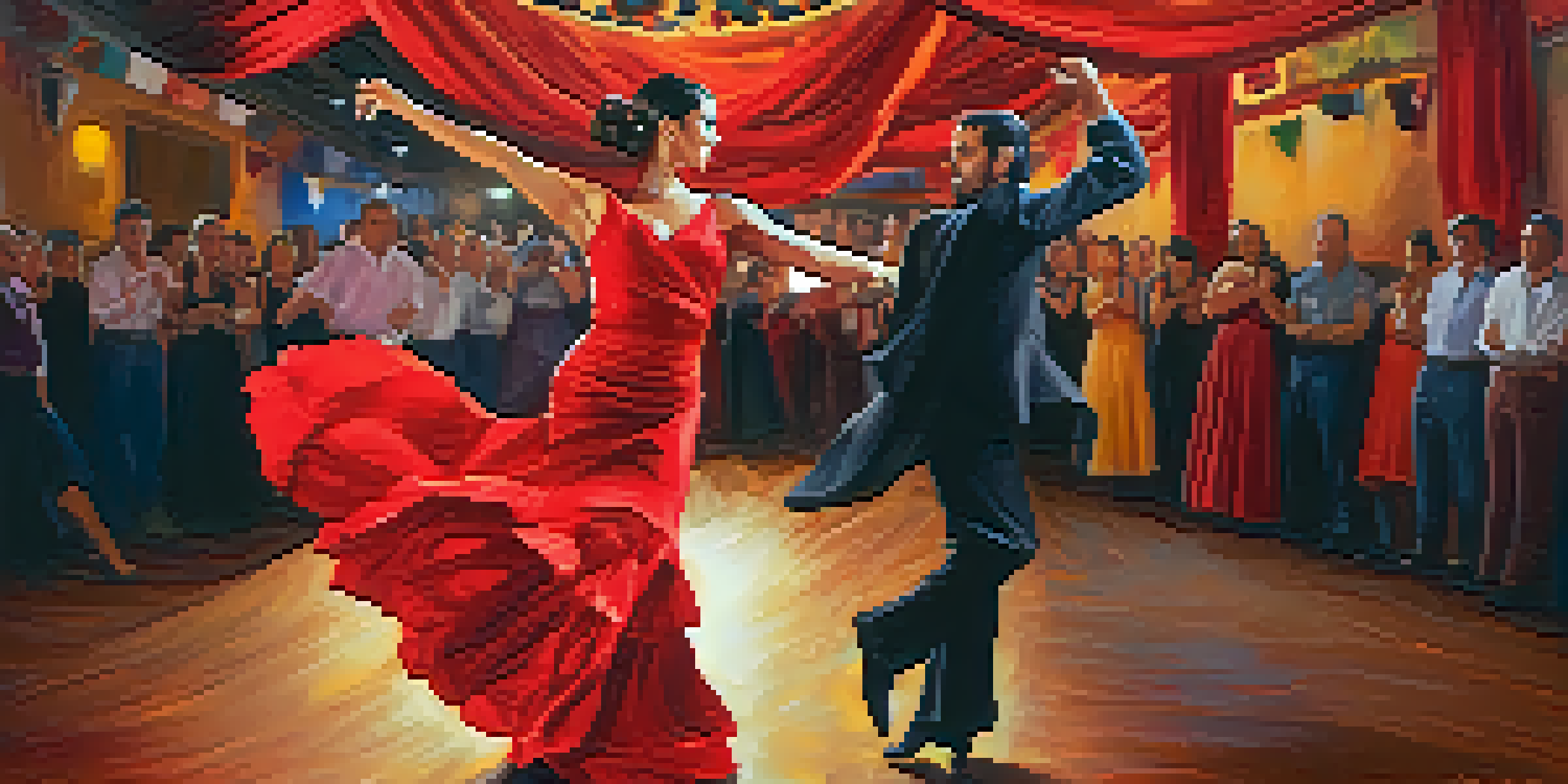 A flamenco dancer in traditional dress performs energetically on stage, surrounded by a festive atmosphere.