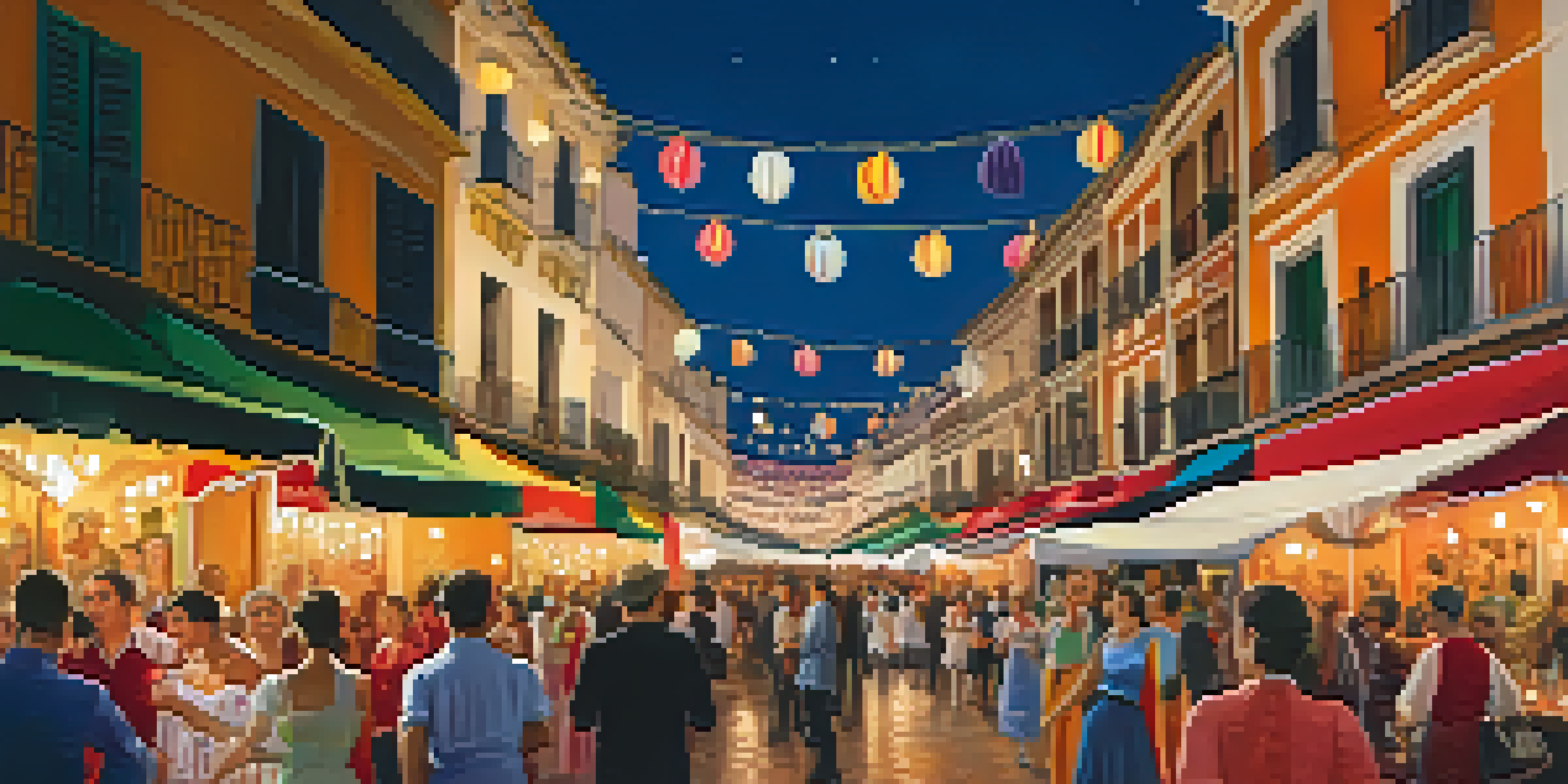 A lively street scene in Seville during the Feria de Abril with colorful traditional dresses, flamenco dancers, and locals enjoying food and drinks.