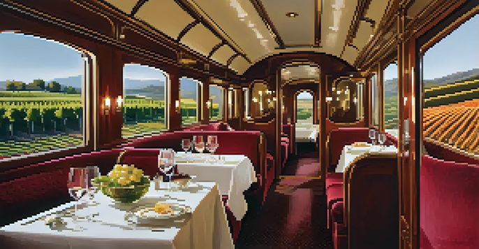 An opulent train interior with plush seats, panoramic views of rolling hills and vineyards, and a glass of wine on a table with gourmet food.