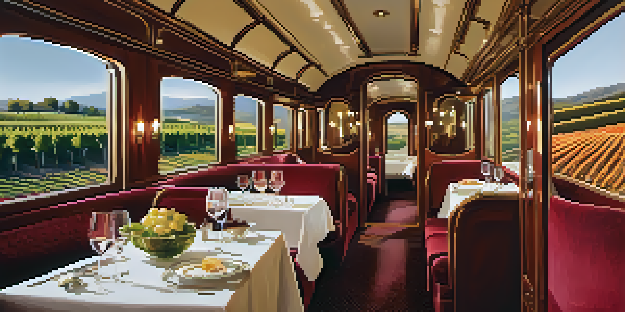 An opulent train interior with plush seats, panoramic views of rolling hills and vineyards, and a glass of wine on a table with gourmet food.