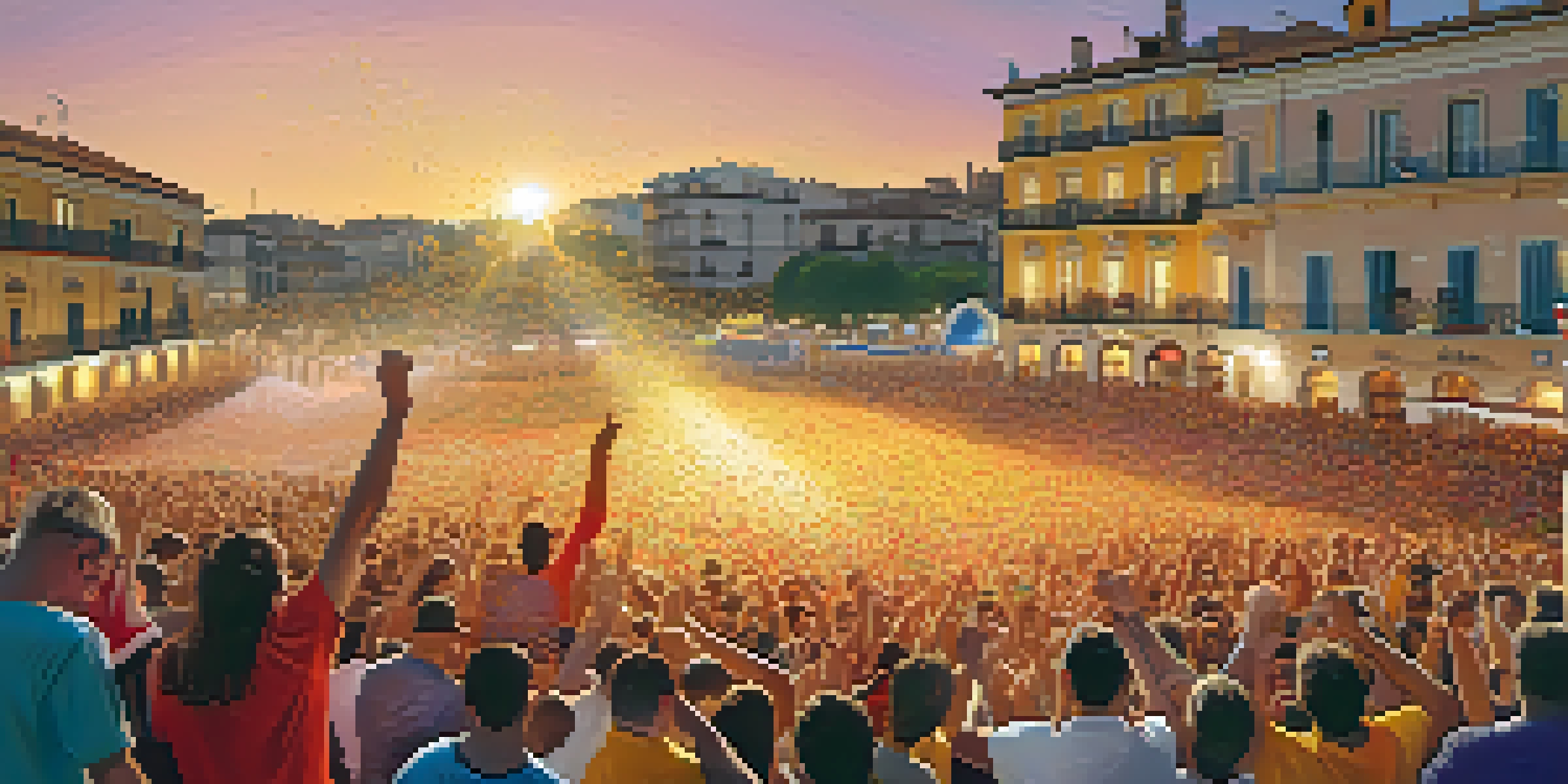 A lively Spanish town square filled with fans celebrating a football match, wearing national colors and surrounded by confetti.