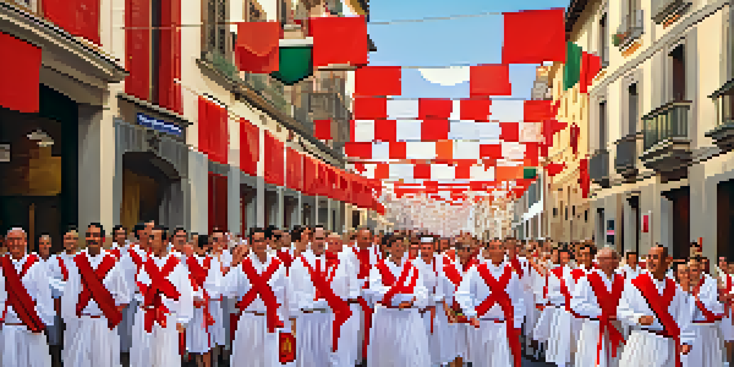 A vibrant street filled with festival-goers in white and red attire during the San Fermín festival, with cheering spectators and colorful decorations.