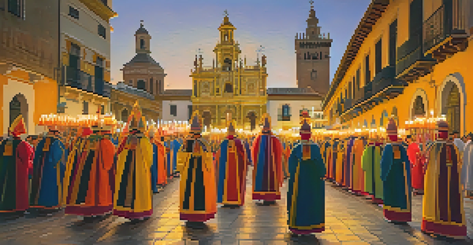 A colorful Semana Santa procession in Seville, featuring participants in traditional robes and ornate religious icons, illuminated by evening light.