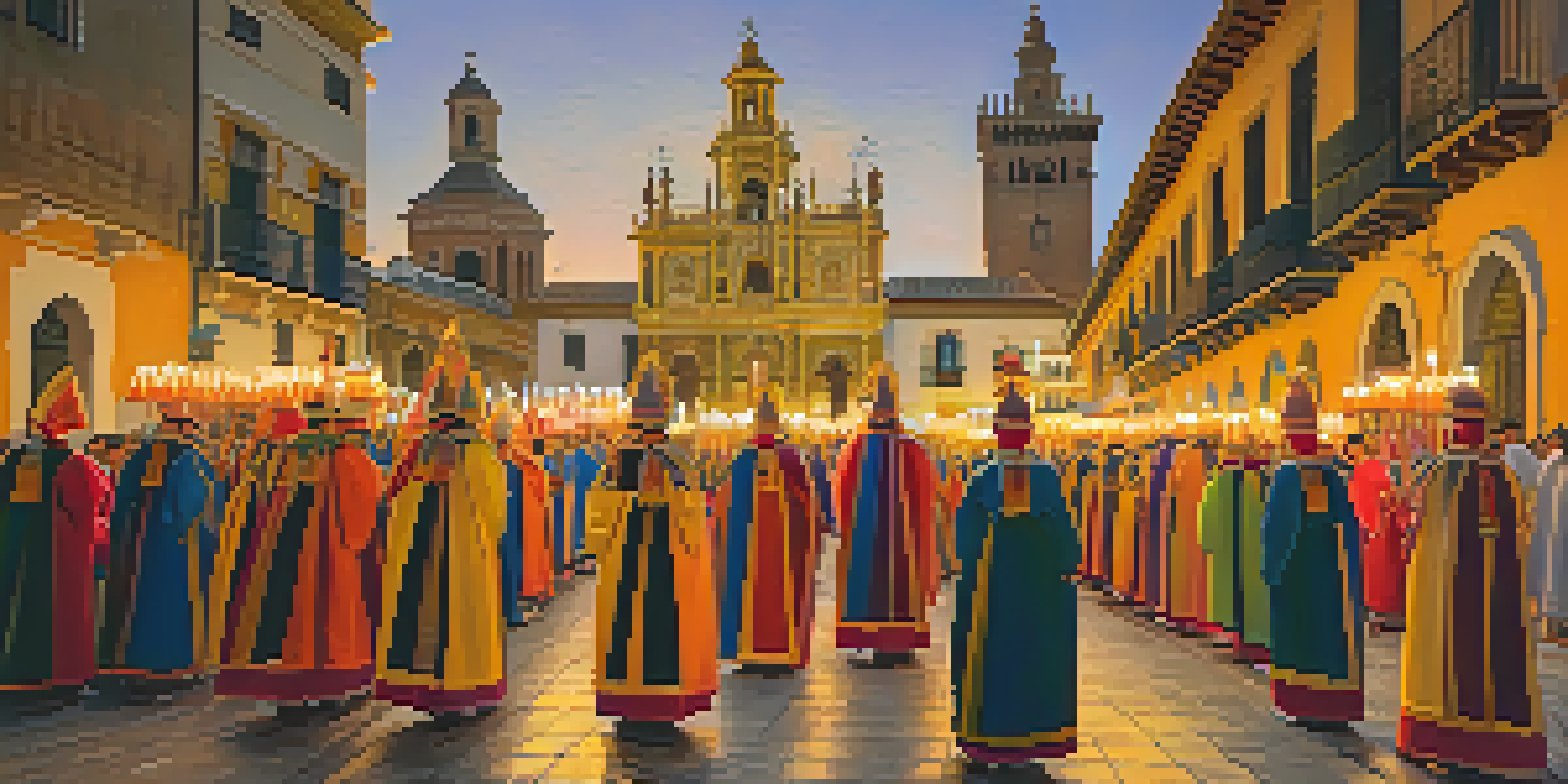 A colorful Semana Santa procession in Seville, featuring participants in traditional robes and ornate religious icons, illuminated by evening light.
