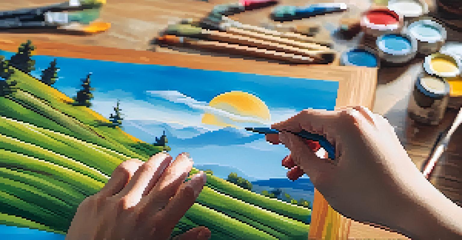 A close-up of hands painting a colorful landscape on a canvas, with vibrant colors and paint-covered fingers.