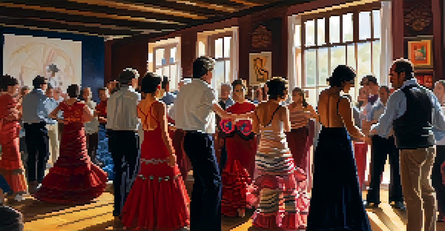 A flamenco workshop with participants learning dance steps from an instructor in a decorated room.