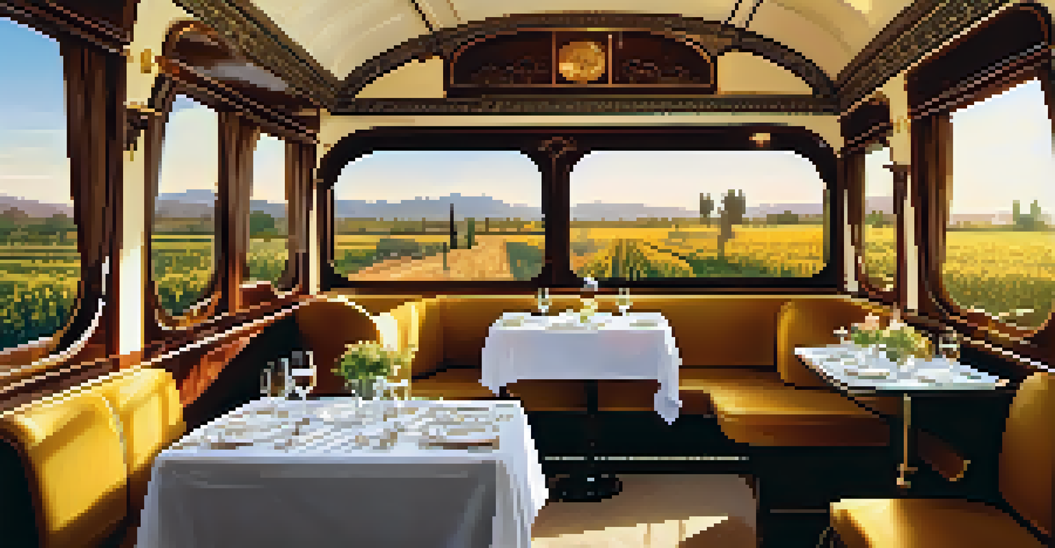 The luxurious interior of a train with plush seating and scenic views of olive groves and sunflower fields.