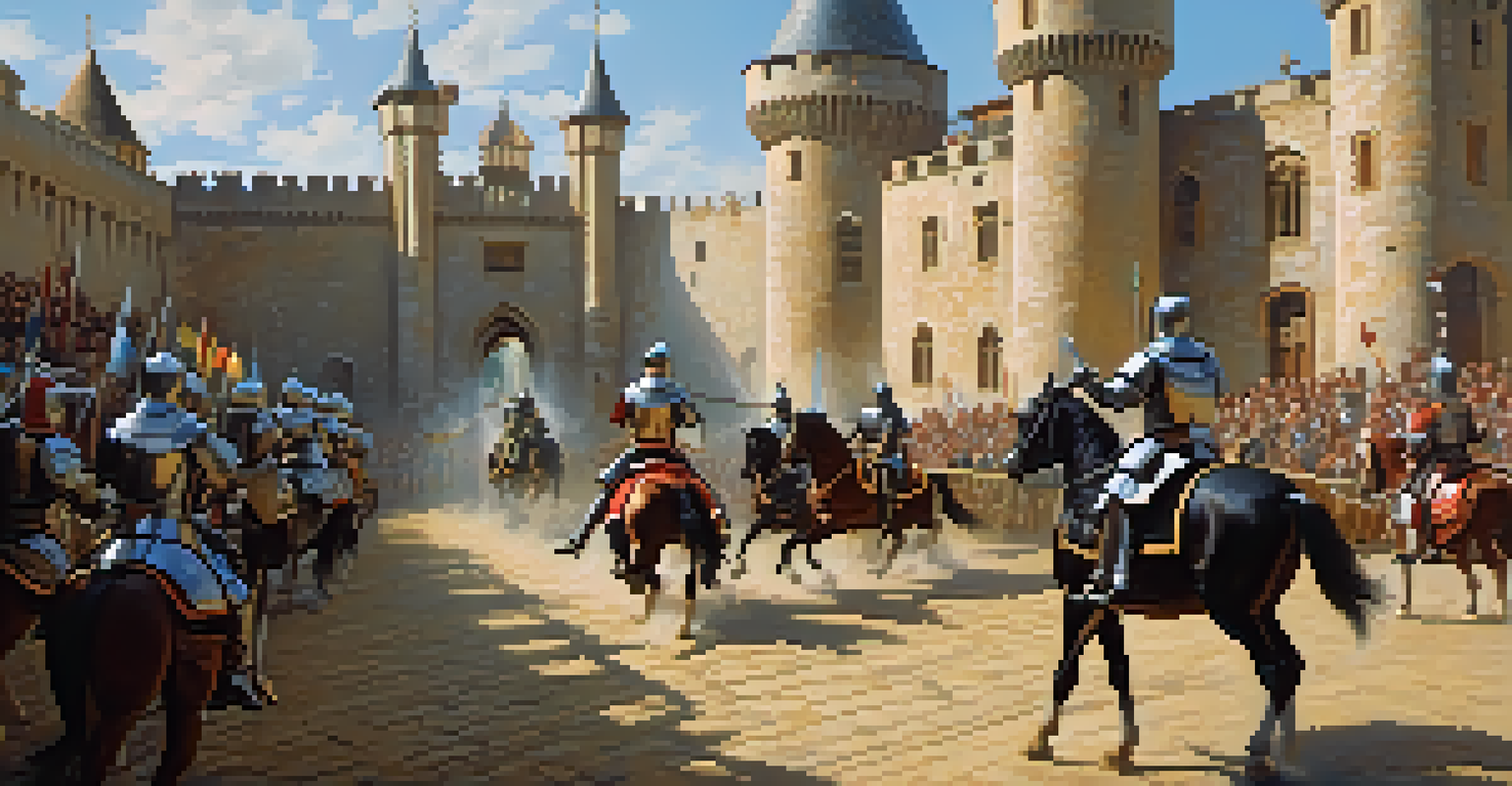 A jousting tournament with knights in armor on horseback in a castle courtyard.