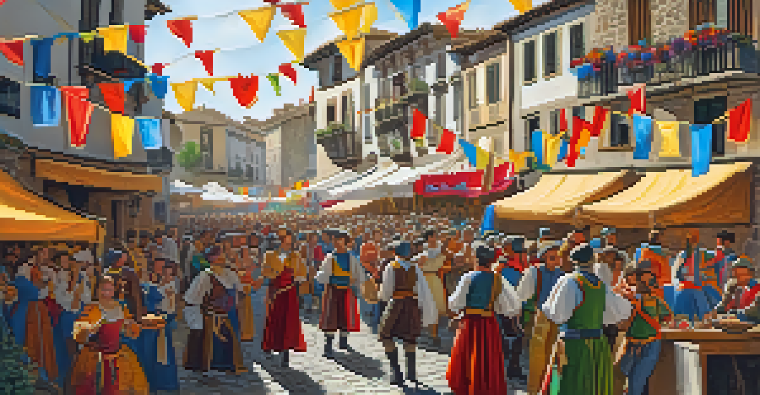 A lively festival scene in Cáceres, showing street performers and colorful stalls during the Medieval Cáceres Festival.