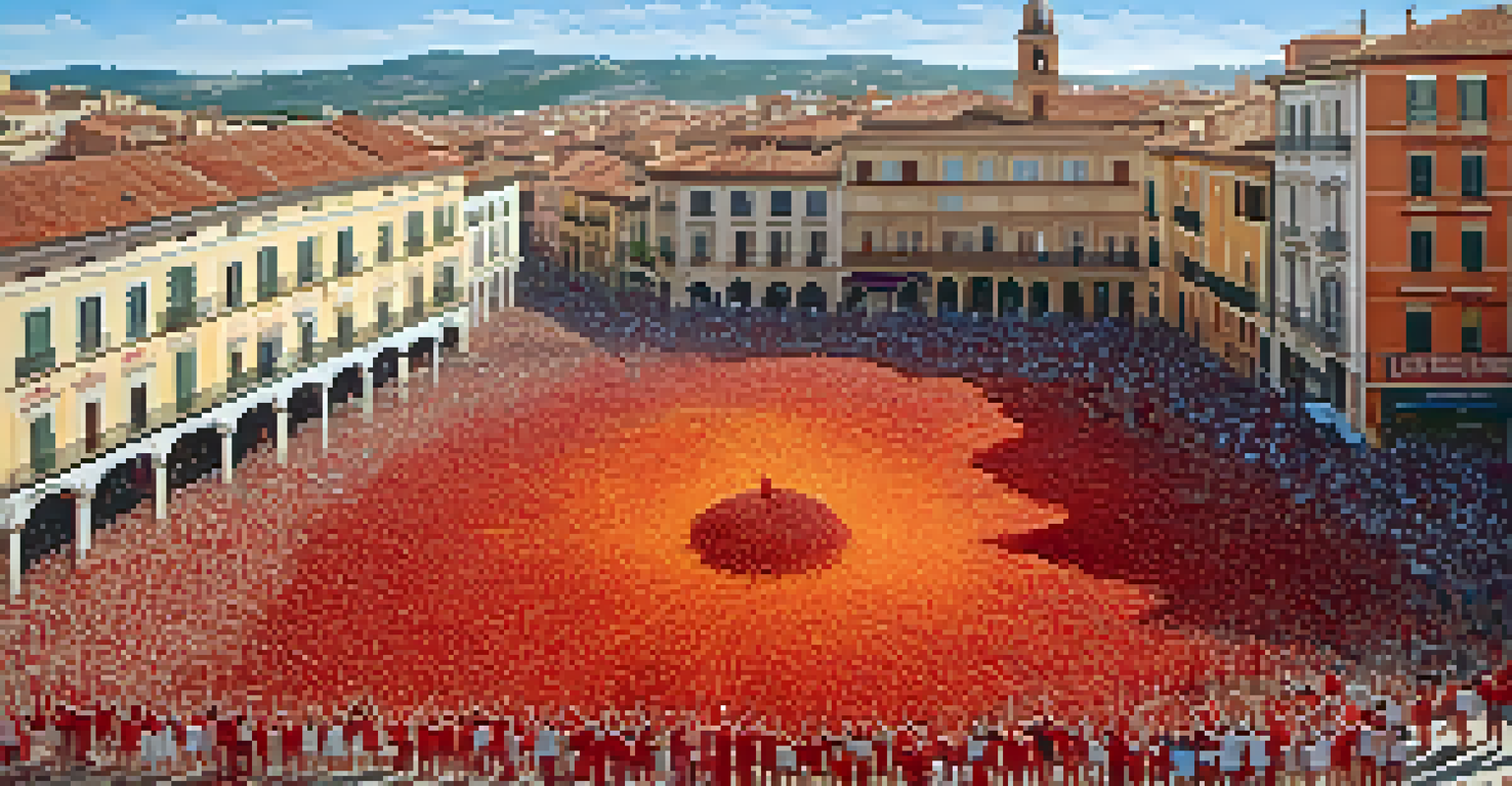 Aerial view of a crowd at La Tomatina festival throwing tomatoes in a town square.