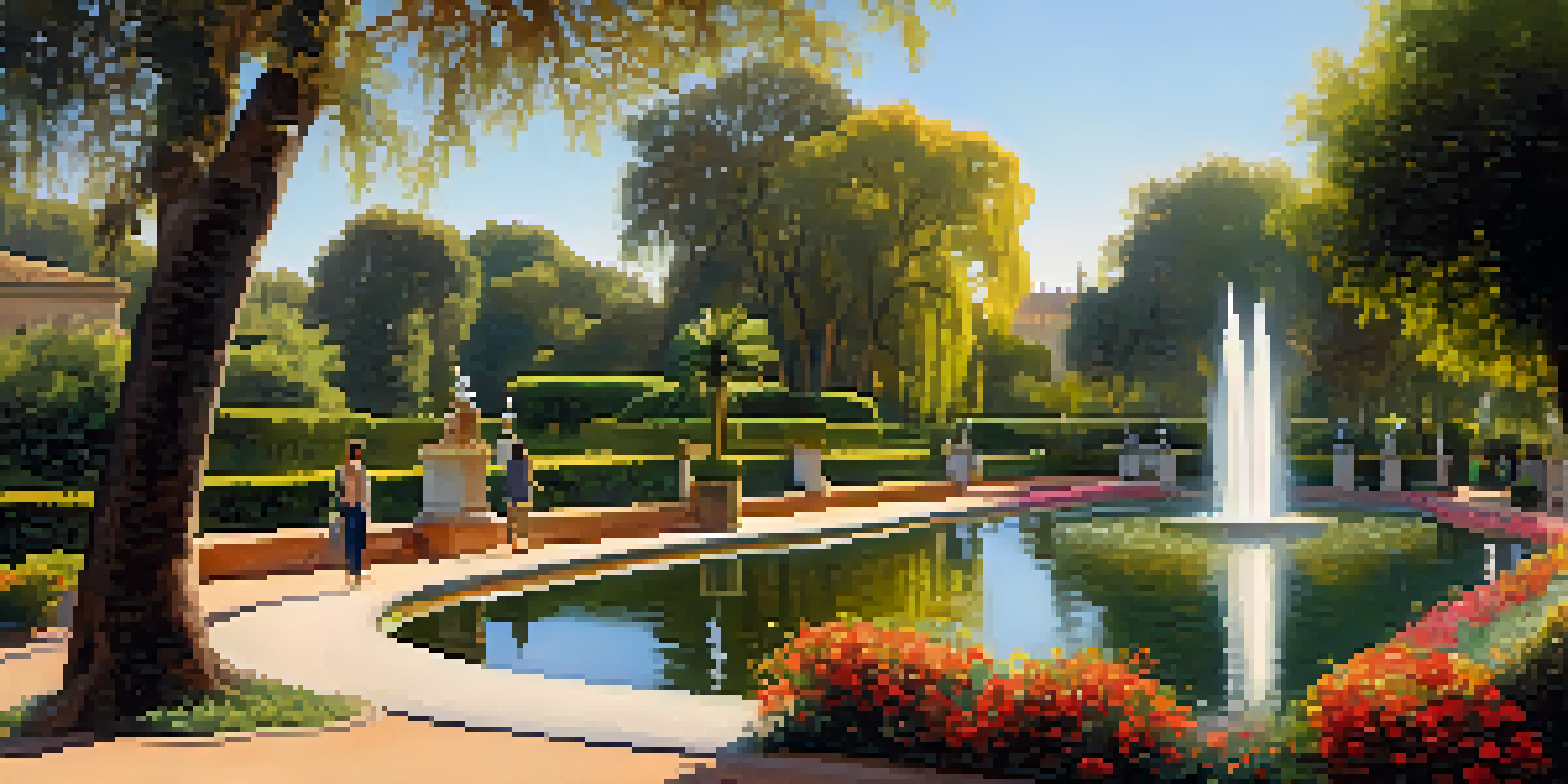 A peaceful park scene in Parque de María Luisa with beautiful gardens, a pond, and fountains under warm sunlight.