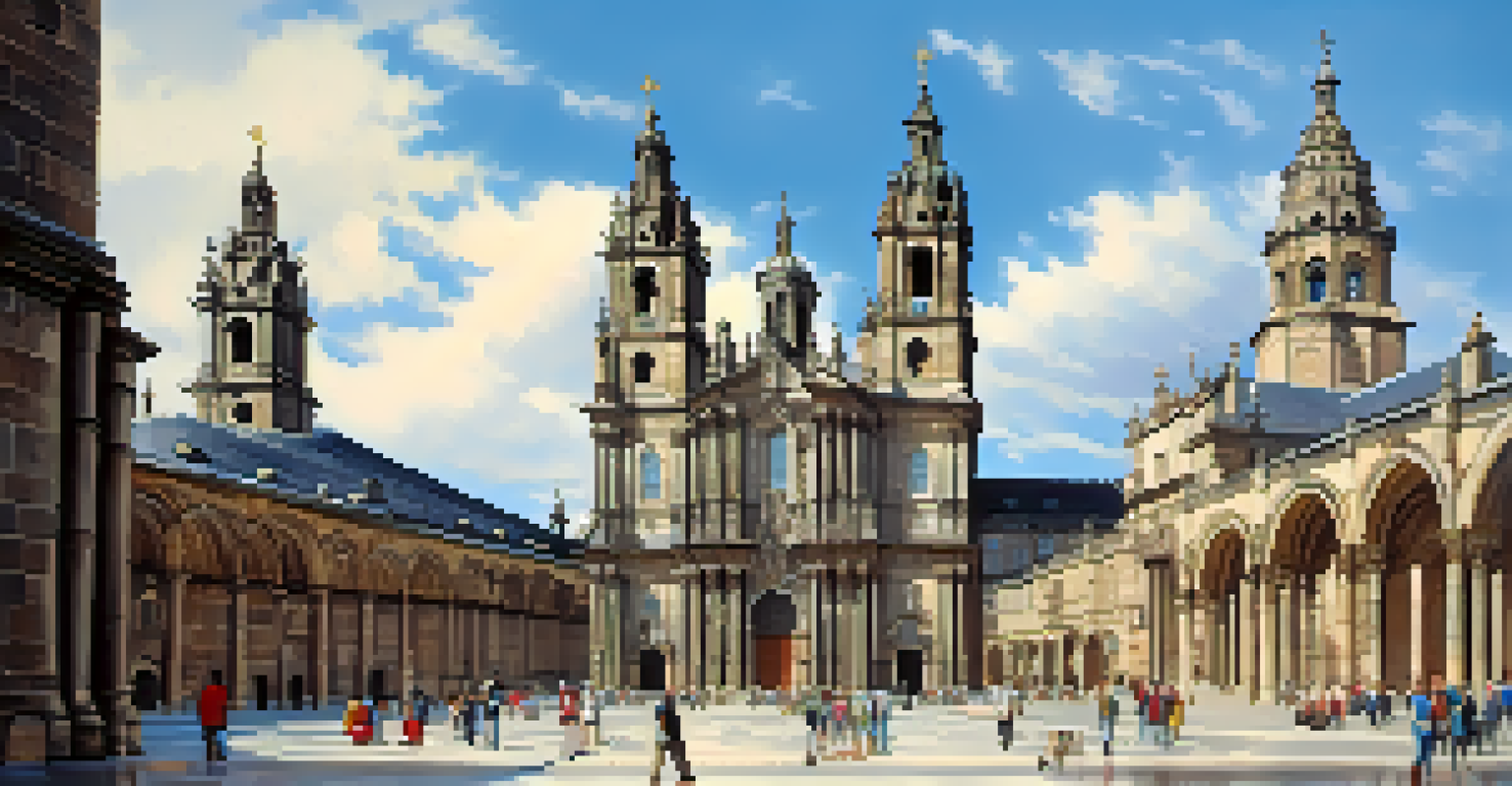 Daytime view of the Cathedral of Santiago de Compostela with its Baroque façade and bustling plaza.