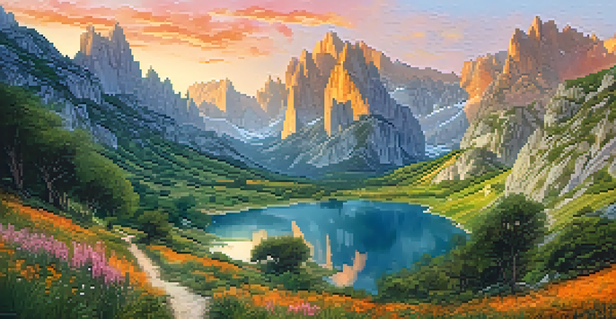 A family hiking in Picos de Europa National Park during sunrise with dramatic cliffs and a beautiful lake.