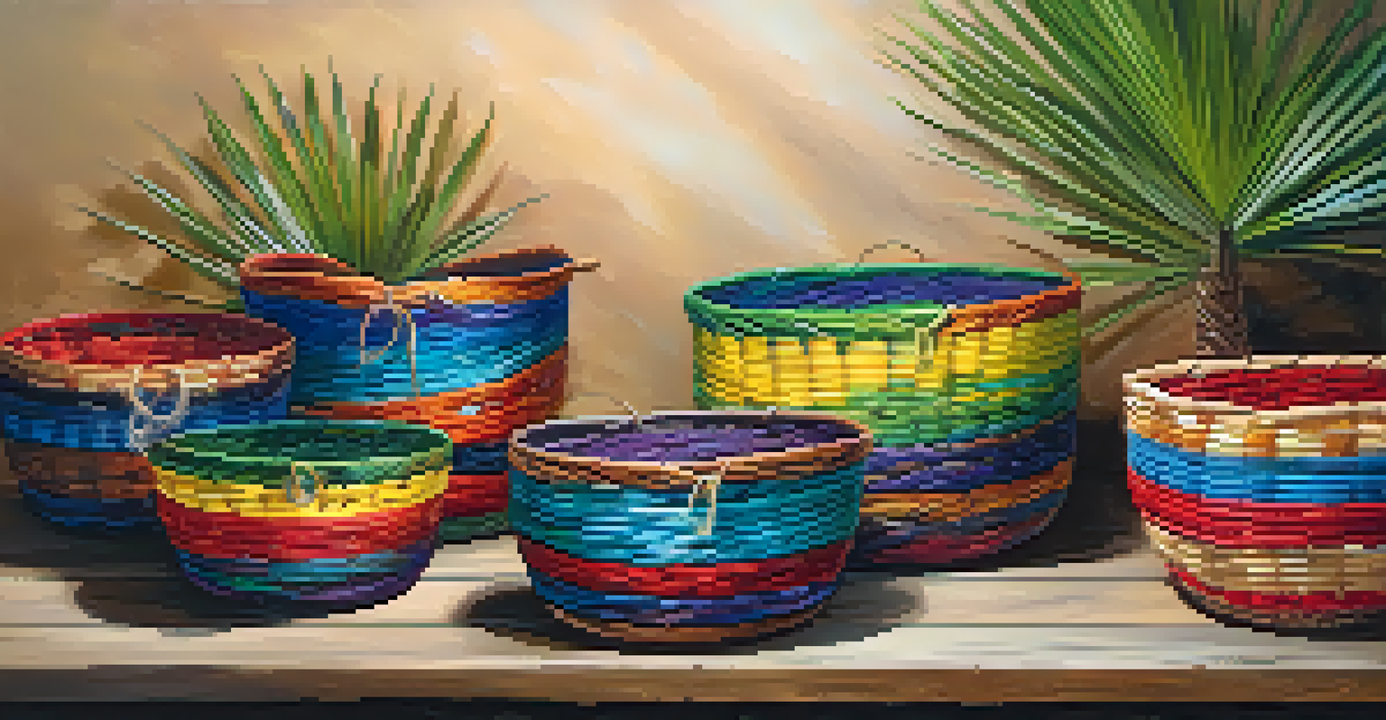 A collection of colorful palm frond baskets from the Canary Islands, showcasing intricate designs on a rustic table.