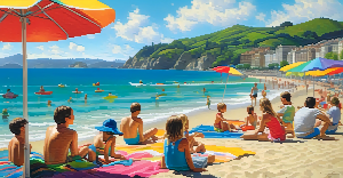 Families relax and play at La Concha beach in San Sebastián, with children in the water and colorful beach umbrellas.