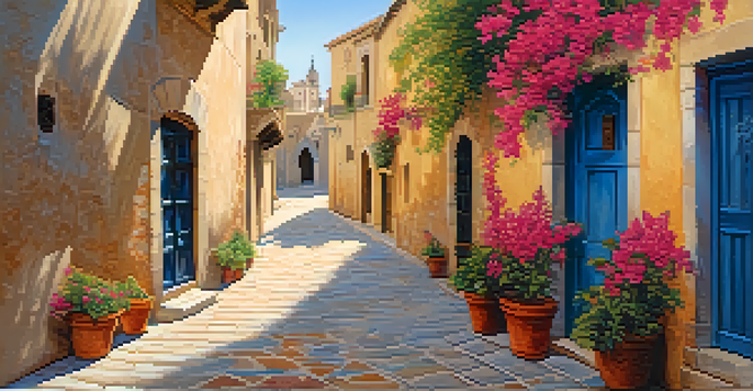 A scenic street in Toledo, Spain, featuring ancient buildings and blooming flowers under a clear blue sky.