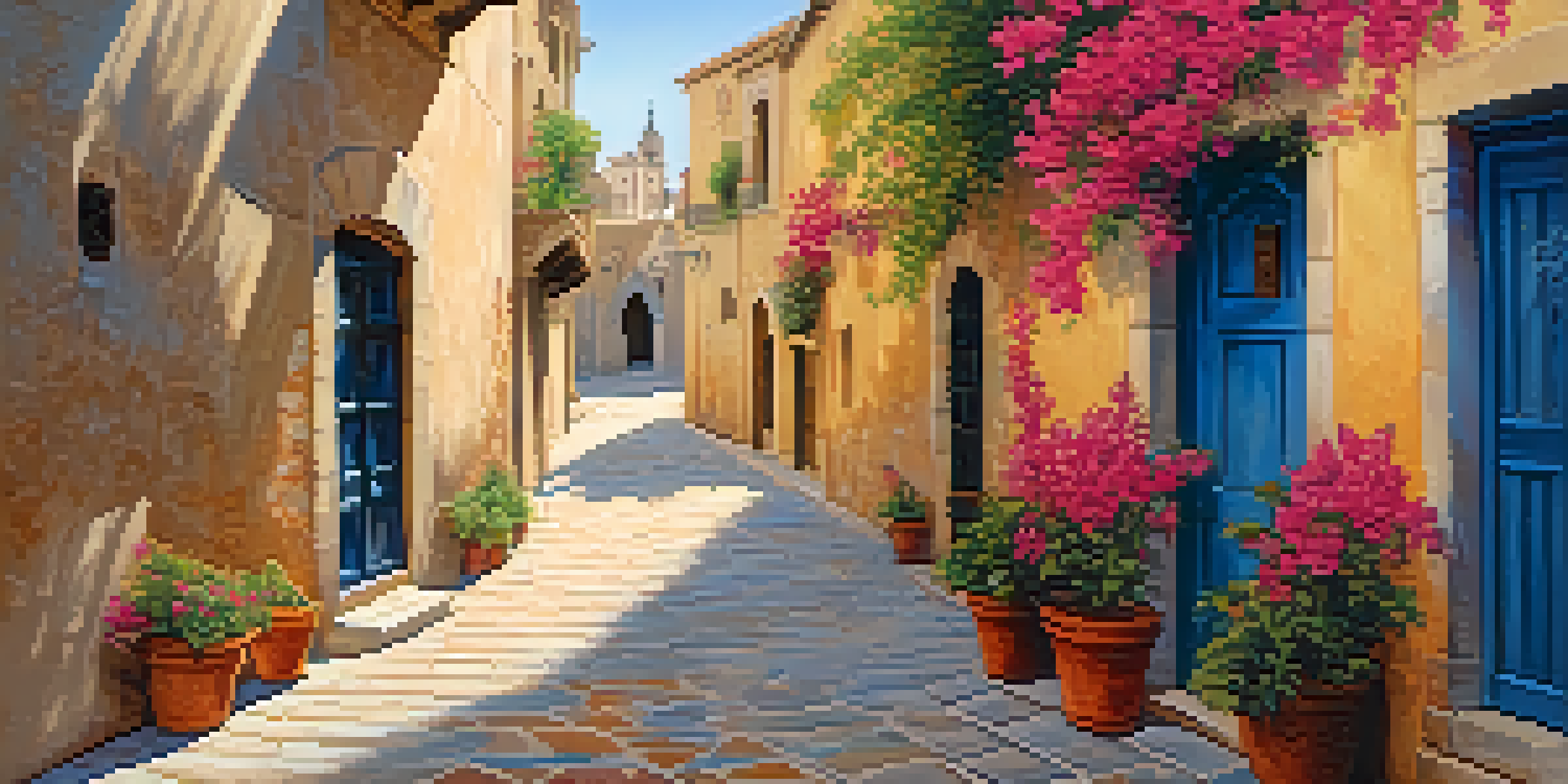 A scenic street in Toledo, Spain, featuring ancient buildings and blooming flowers under a clear blue sky.