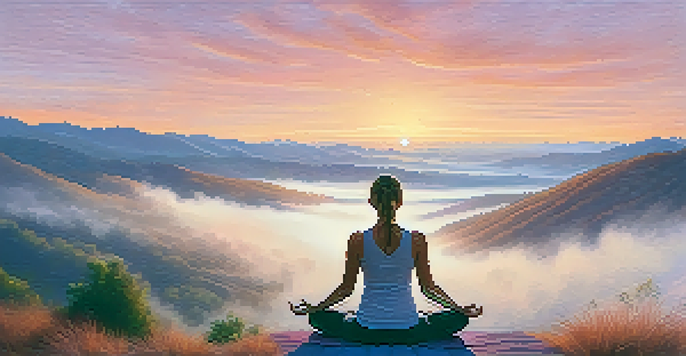 A person practicing yoga at sunrise on a mountain, surrounded by beautiful natural scenery.