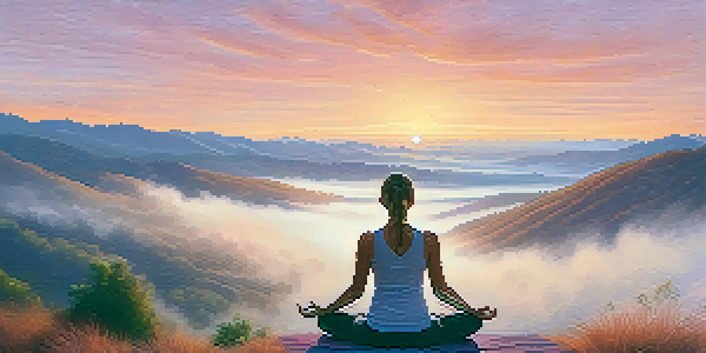 A person practicing yoga at sunrise on a mountain, surrounded by beautiful natural scenery.