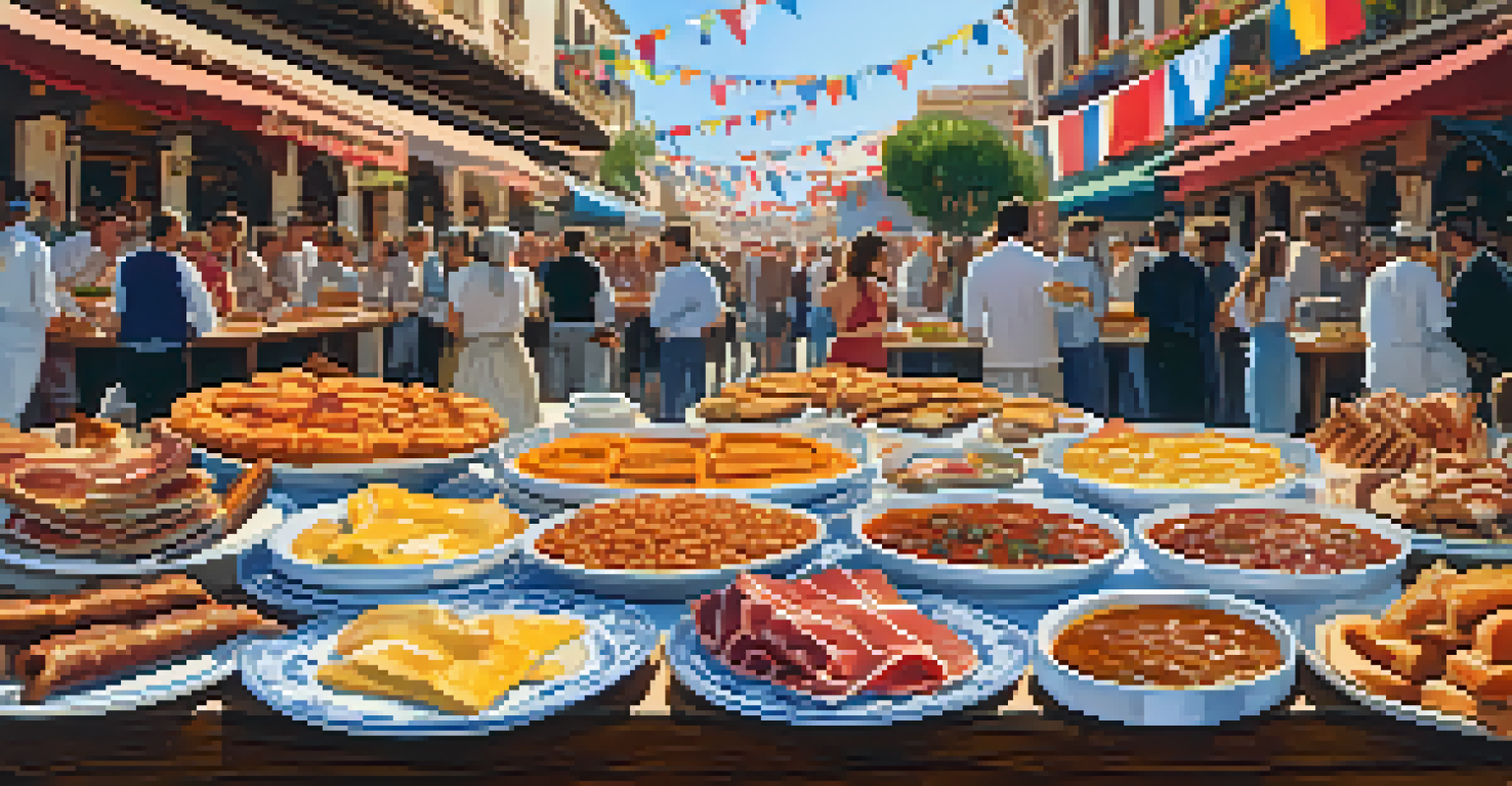 A variety of traditional Andalusian dishes including jamón ibérico and churros con chocolate on a wooden table during the Feria de Abril.