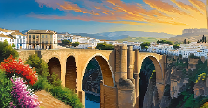 A scenic view of Ronda, featuring the famous Puente Nuevo bridge and picturesque whitewashed buildings surrounded by flowers.