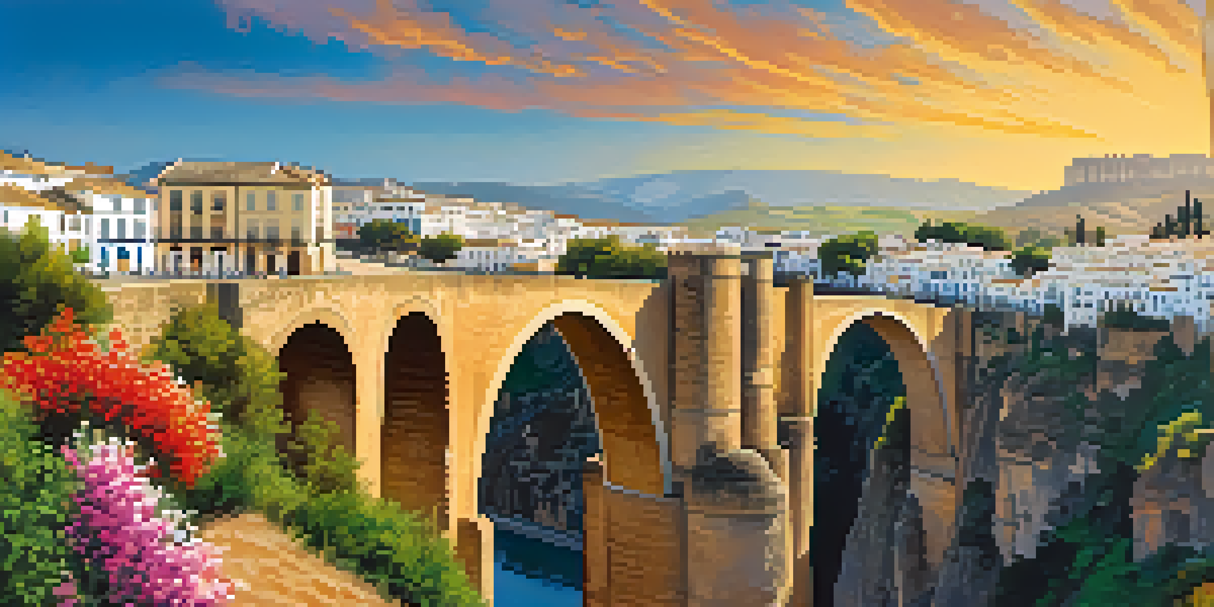 A scenic view of Ronda, featuring the famous Puente Nuevo bridge and picturesque whitewashed buildings surrounded by flowers.