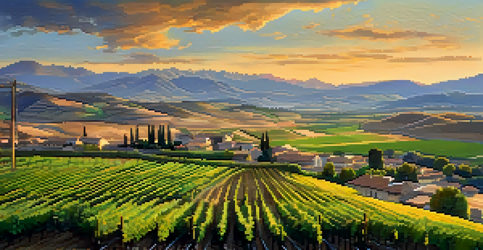A beautiful landscape seen from a train window, featuring rolling hills, vineyards, and a sunset sky.